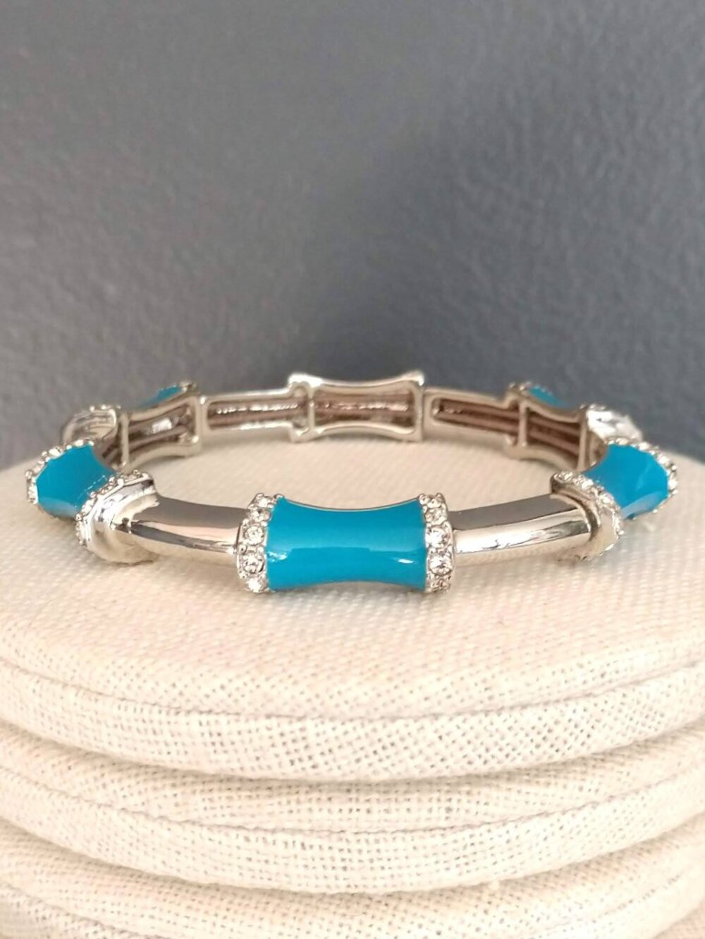 Silver and blue enamel w/crystals stretch bracelet